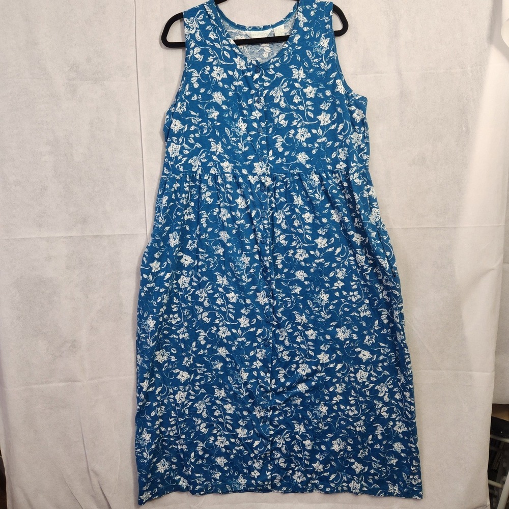 Vintage 90s Teal Blue Floral Flower Maxi Button Down Sleeveless Dress 1X